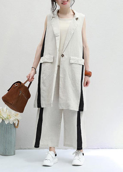new black striped casual waistcoat and elastic waist wide leg pants - SooLinen