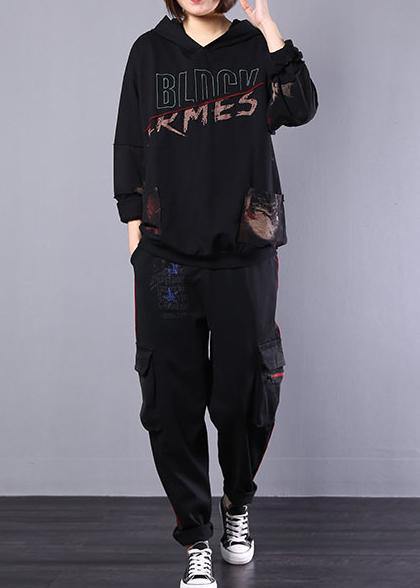 new fall black cotton sport suit women fashion loose hoode clothes - SooLinen