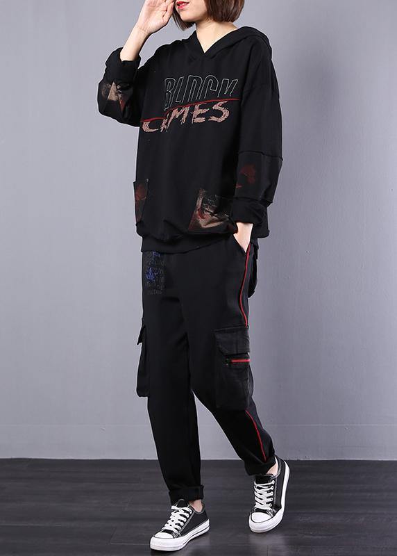 new fall black cotton sport suit women fashion loose hoode clothes - SooLinen