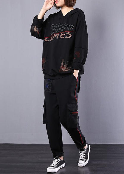 new fall black cotton sport suit women fashion loose hoode clothes - SooLinen
