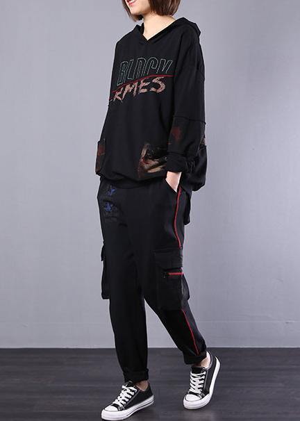 new fall black cotton sport suit women fashion loose hoode clothes - SooLinen