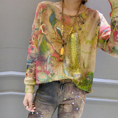 Neue mode warm gold phoenix druck baumwolle stricken pullover plus größe langarm casaul frauen pullover