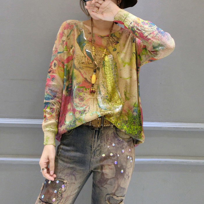 Neue mode warm gold phoenix druck baumwolle stricken pullover plus größe langarm casaul frauen pullover