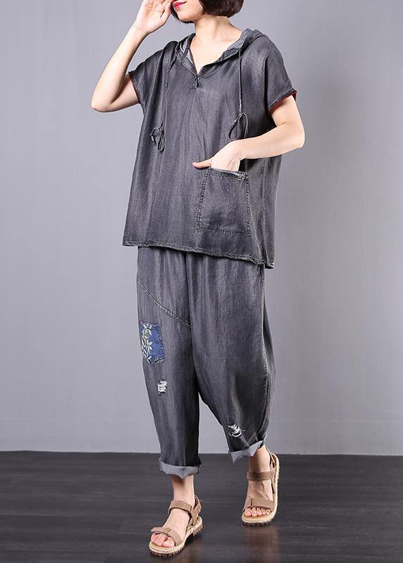 new gray casual vintage cotton two pieces hooded pullover and Appliques elastic waist  pants - SooLinen