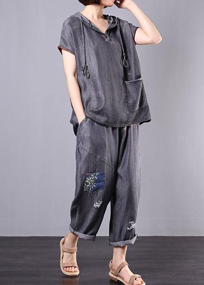 new gray casual vintage cotton two pieces hooded pullover and Appliques elastic waist  pants - SooLinen