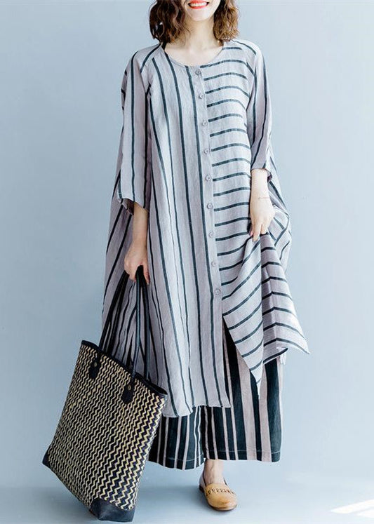 neue grau gestreifte Leinenkleider asymmetrisches Patchwork-O-Ausschnitt-Kleid