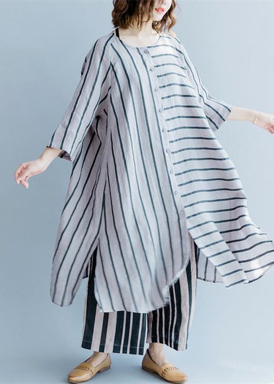neue grau gestreifte Leinenkleider asymmetrisches Patchwork-O-Ausschnitt-Kleid