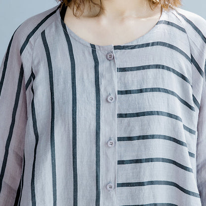 neue grau gestreifte Leinenkleider asymmetrisches Patchwork-O-Ausschnitt-Kleid