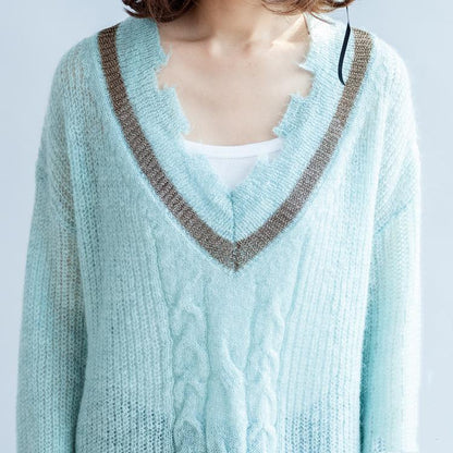 neuer hellblauer warmer Wollpullover übergroßer lässiger Stricktop mit V-Ausschnitt