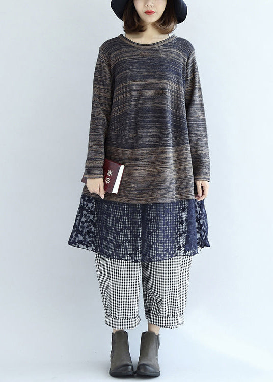 neue mehrfarbige Patchwork-Spitzen-Strickkleider aus Baumwolle in Übergröße, lässiges, mittellanges Pulloverkleid