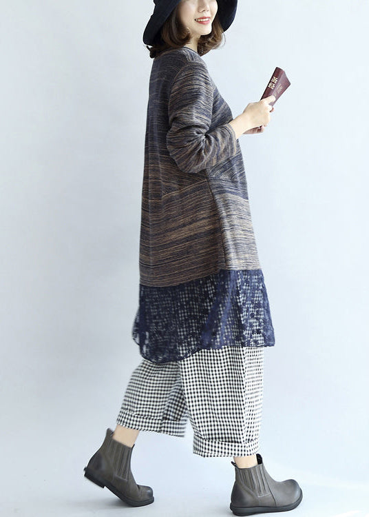 neue mehrfarbige Patchwork-Spitzen-Strickkleider aus Baumwolle in Übergröße, lässiges, mittellanges Pulloverkleid