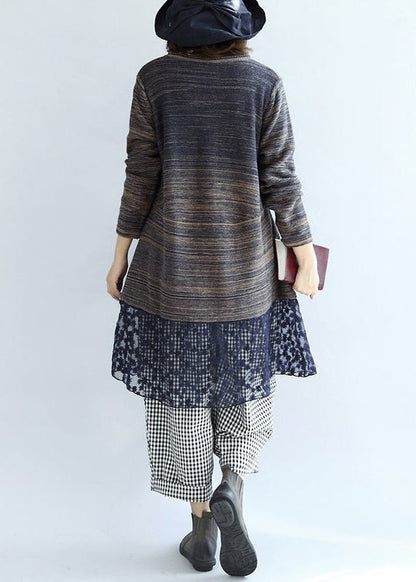 neue mehrfarbige Patchwork-Spitzen-Strickkleider aus Baumwolle in Übergröße, lässiges, mittellanges Pulloverkleid