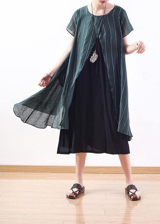 new original design green art  thin o neck fake two pieces of pinstripe dress - SooLinen