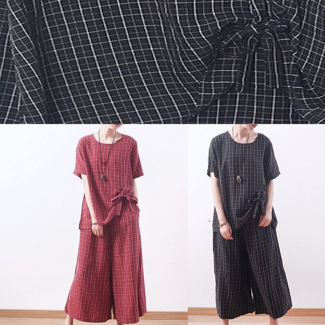 new red plaid silk two pieces plus size pullover and crop pants - SooLinen