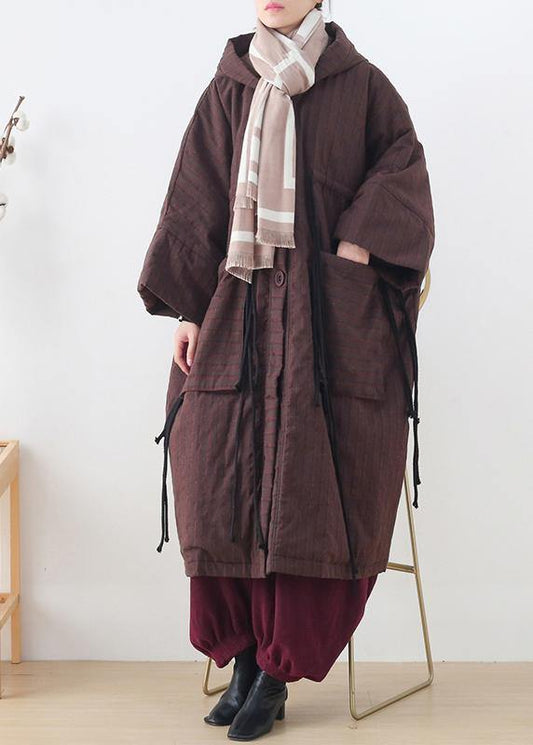 new ribbon big pocket hooded cotton coat long thick padded overcoat - SooLinen