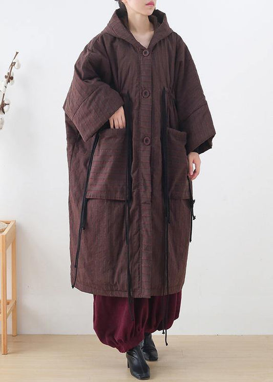 new ribbon big pocket hooded cotton coat long thick padded overcoat - SooLinen