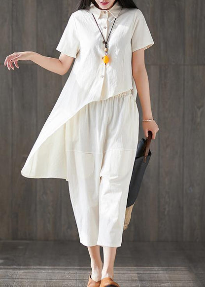 new white asymmetric tops and elastic waist harem pants fshion two pieces - SooLinen