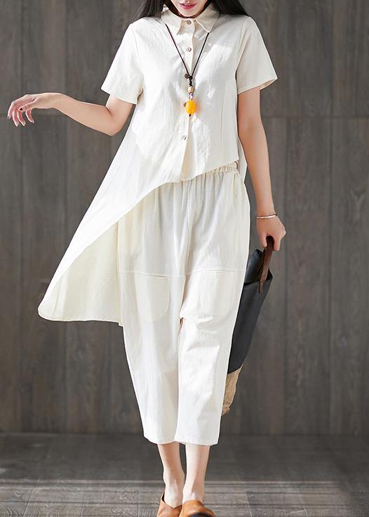 new white asymmetric tops and elastic waist harem pants fshion two pieces - SooLinen