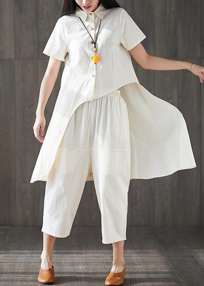 new white asymmetric tops and elastic waist harem pants fshion two pieces - SooLinen