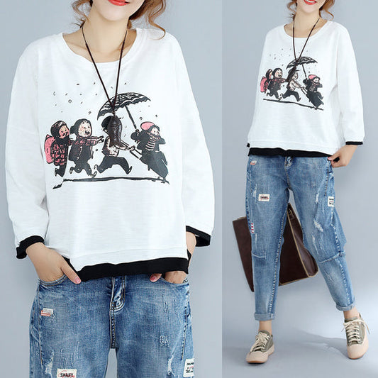 neue weiße Cartoon-Prints Baumwolloberteile plus Größe O-Ausschnitt T-Shirt