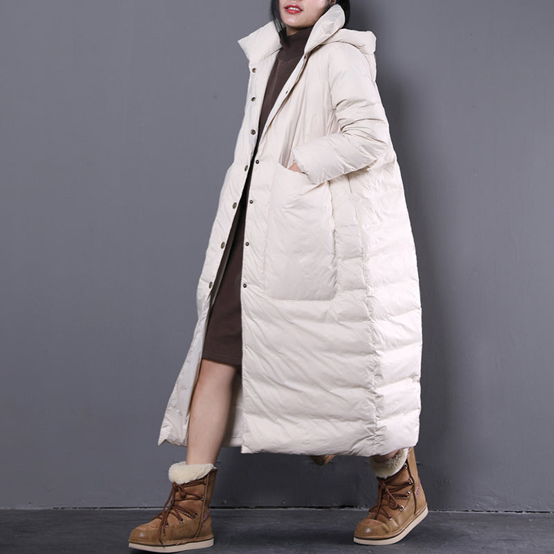 neuer weißer Winter-Oversize-Daunenmantel mit Kapuze, feiner Trenchcoat mit großen Taschen