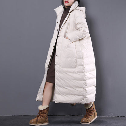 neuer weißer Winter-Oversize-Daunenmantel mit Kapuze, feiner Trenchcoat mit großen Taschen