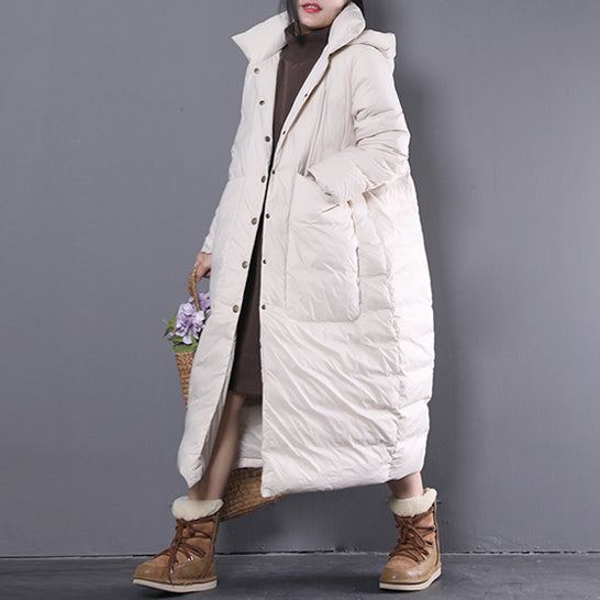 neuer weißer Winter-Oversize-Daunenmantel mit Kapuze, feiner Trenchcoat mit großen Taschen