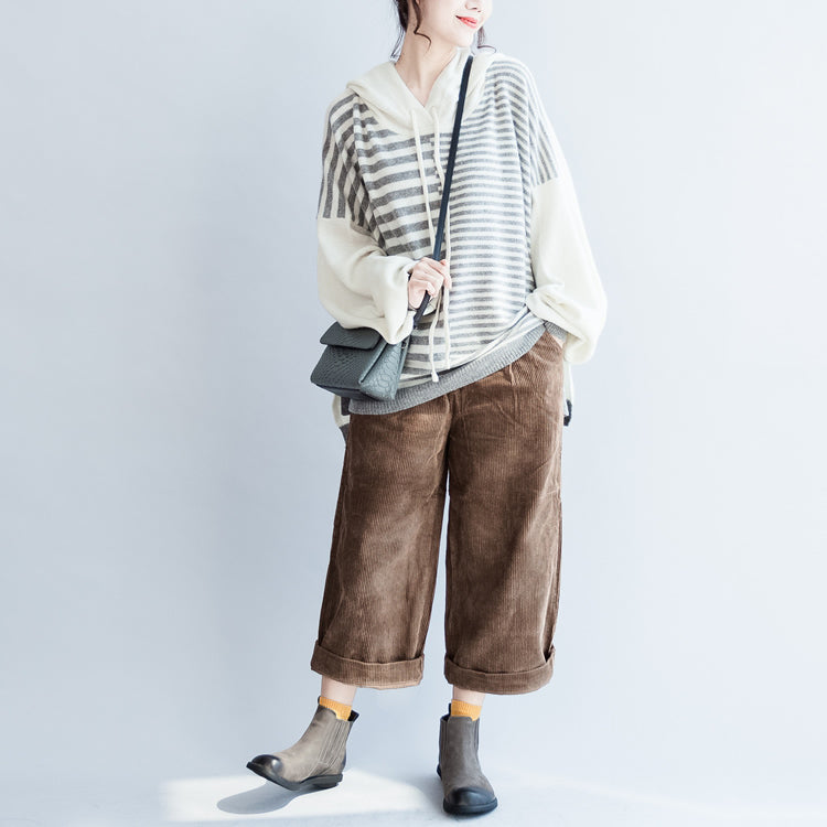 neuer Winter-Pullover aus Wollstoff mit gestreiftem Patchwork und Kapuze in Übergröße, lässige Langarm-Strickoberteile