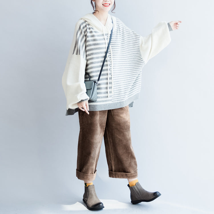 neuer Winter-Pullover aus Wollstoff mit gestreiftem Patchwork und Kapuze in Übergröße, lässige Langarm-Strickoberteile