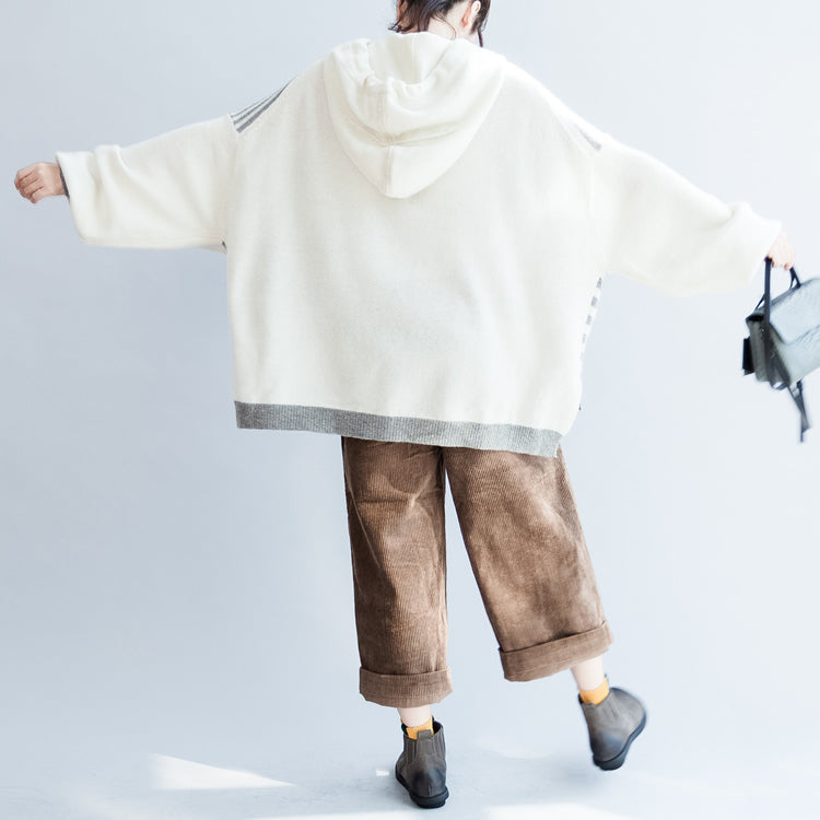 neuer Winter-Pullover aus Wollstoff mit gestreiftem Patchwork und Kapuze in Übergröße, lässige Langarm-Strickoberteile