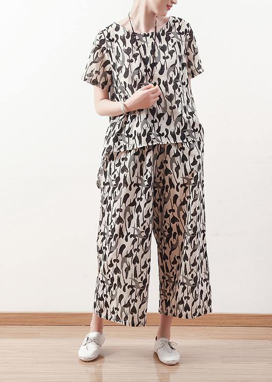 new women black prints linen o neck tops and casual straight pants - SooLinen