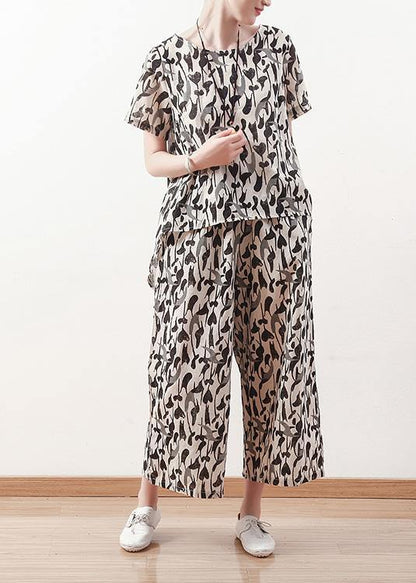 new women black prints linen o neck tops and casual straight pants - SooLinen