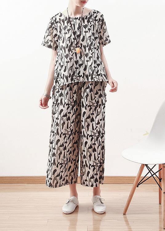new women black prints linen o neck tops and casual straight pants - SooLinen