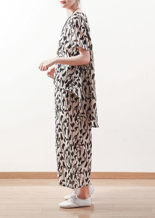 new women black prints linen o neck tops and casual straight pants - SooLinen