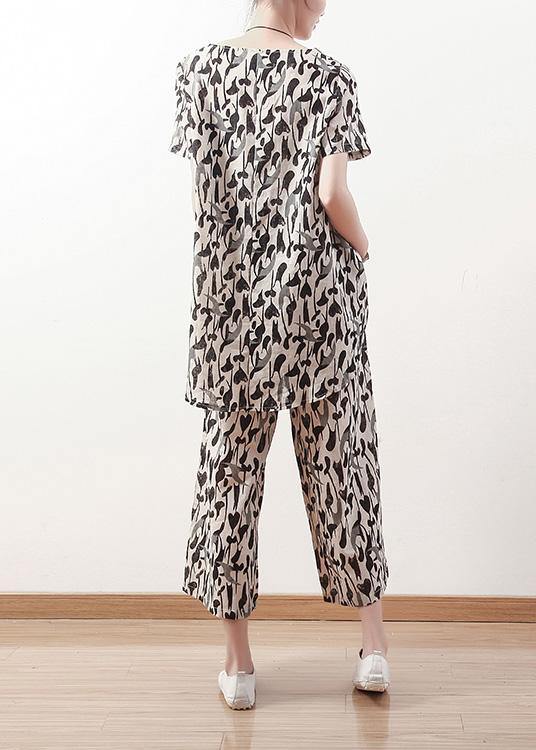 new women black prints linen o neck tops and casual straight pants - SooLinen
