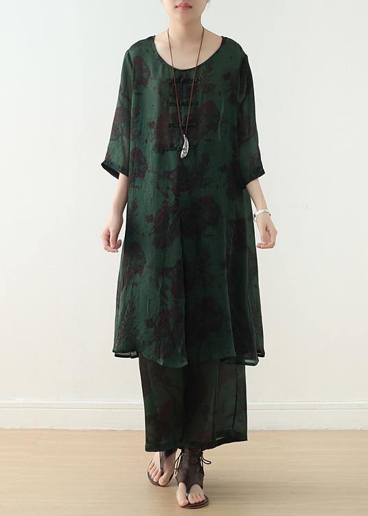 new women chiffon two pieces red prints o neck vintage tops and wide leg pants - SooLinen