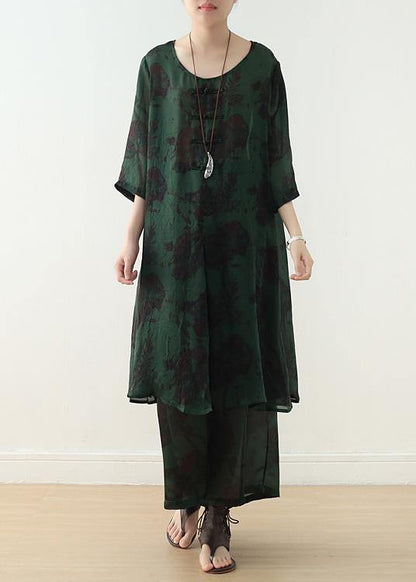 new women chiffon two pieces red prints o neck vintage tops and wide leg pants - SooLinen