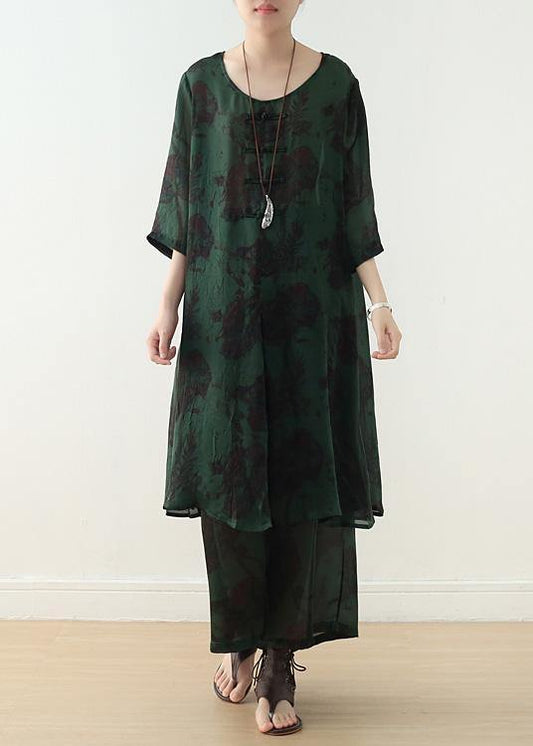 new women chiffon two pieces red prints o neck vintage tops and wide leg pants - SooLinen