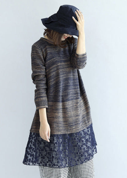 neue mehrfarbige Patchwork-Spitzen-Strickkleider aus Baumwolle in Übergröße, lässiges, mittellanges Pulloverkleid