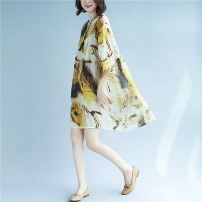 Original entworfenes Sommerkleid mit Chiffon-Print, V-Ausschnitt, Halbarmkleid, Patchwork-Baggy-Kleider