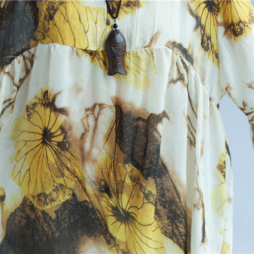 Original entworfenes Sommerkleid mit Chiffon-Print, V-Ausschnitt, Halbarmkleid, Patchwork-Baggy-Kleider