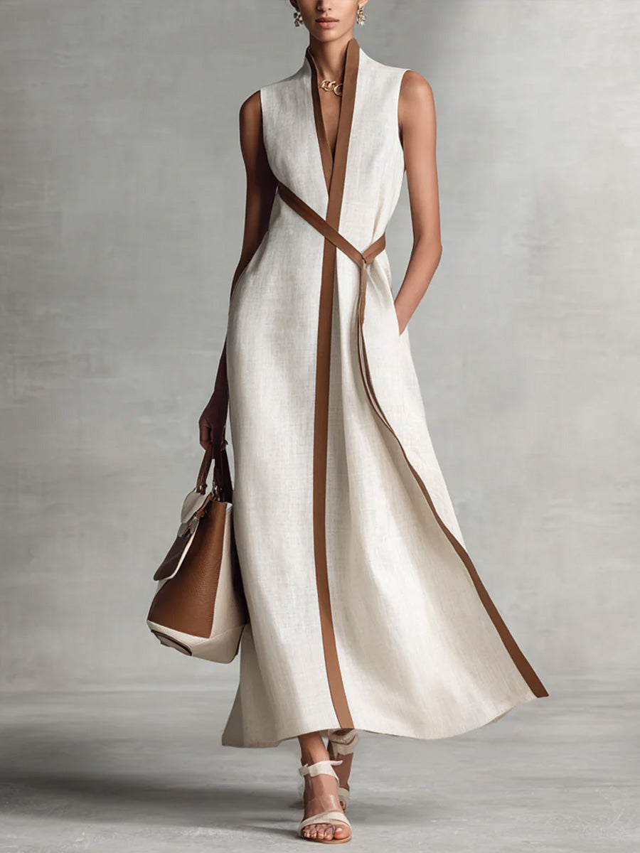 Stand Collar Linen Midi Dress