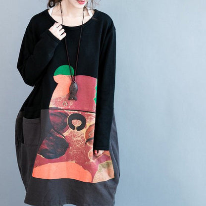 Oversize Herbst Winter Prints Baumwollkleider schwarz grau Patchwork dickes Umstandskleid
