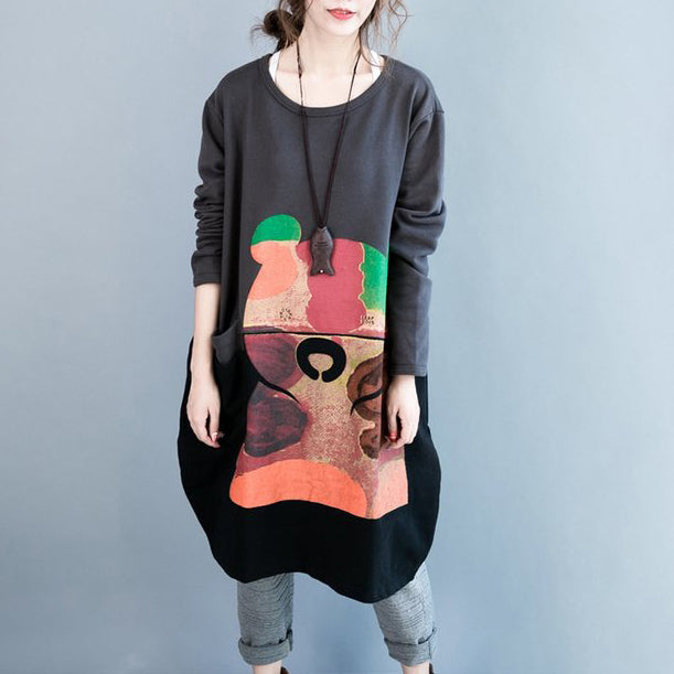 Oversize Herbst Winter Prints Baumwollkleider schwarz grau Patchwork dickes Umstandskleid