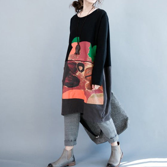 Oversize Herbst Winter Prints Baumwollkleider schwarz grau Patchwork dickes Umstandskleid