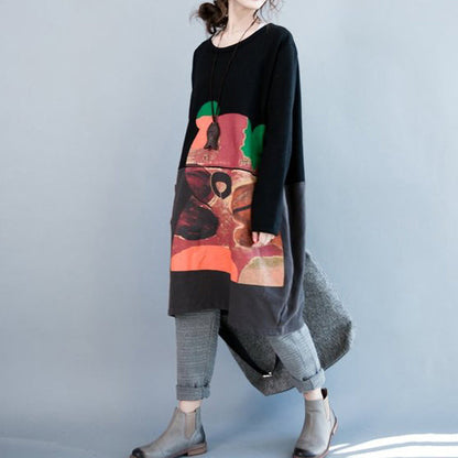 Oversize Herbst Winter Prints Baumwollkleider schwarz grau Patchwork dickes Umstandskleid
