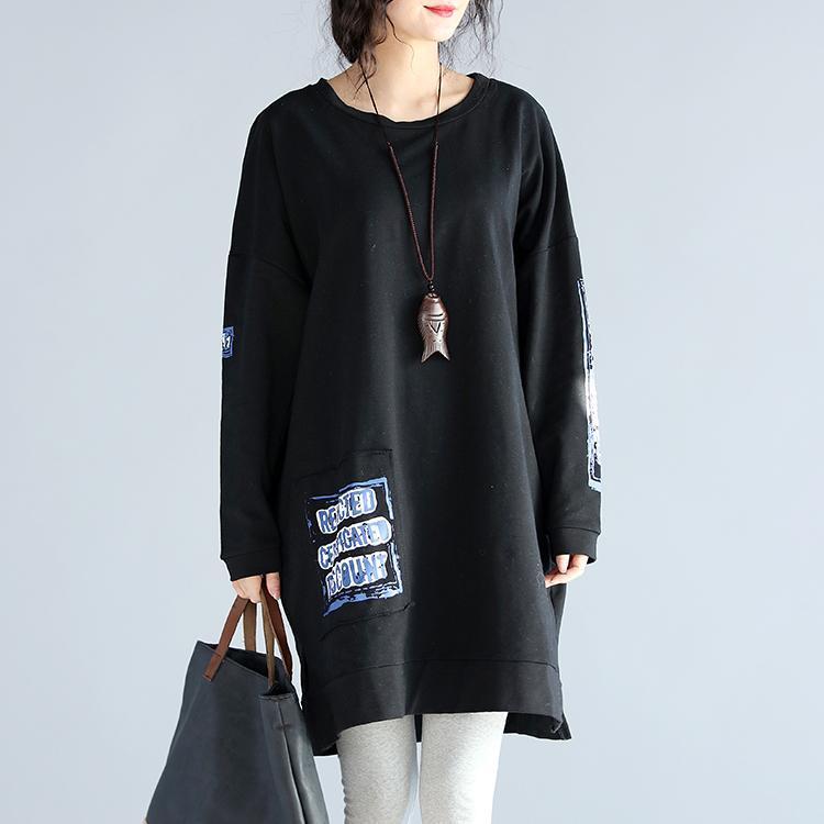 Oversize lässige Herbstkleider aus schwarzer Baumwolle mit lockeren Drucken und langen Ärmeln