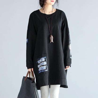Oversize lässige Herbstkleider aus schwarzer Baumwolle mit lockeren Drucken und langen Ärmeln