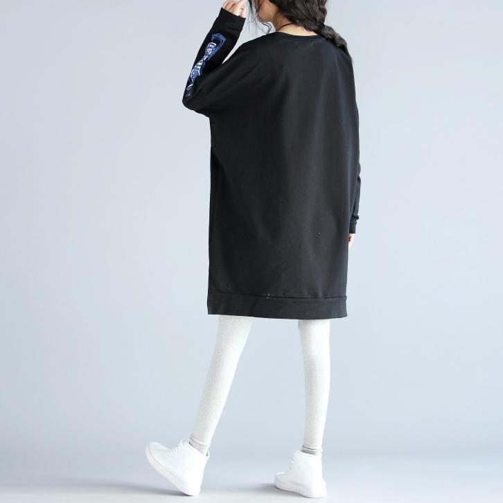 Oversize lässige Herbstkleider aus schwarzer Baumwolle mit lockeren Drucken und langen Ärmeln