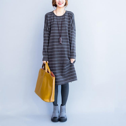 Oversize grau gestreiften stricken kleider plus größe frauen langarm pullover kleid